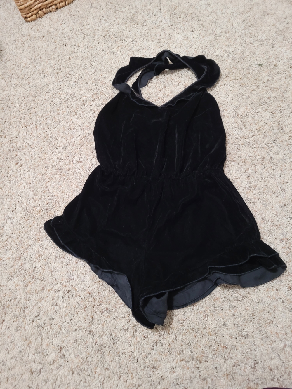 Victoria's Secret Black Velvet Halter Romper with Ruffle Detail